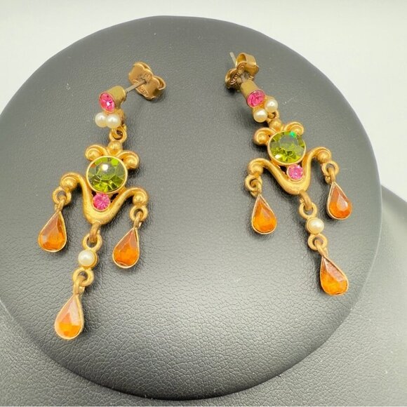 Avon Vintage Bronzy Gold and Green Floral Dangle Earrings - Picture 4 of 11